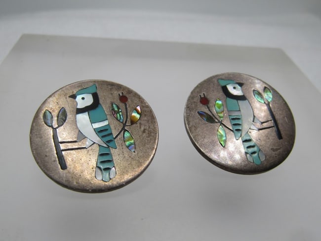Vintage Sterling Zuni Inlaid Blue Jay Earrings, 1980's-1990's, Signed S.C. Edaakie: Vintage Sterling Southwestern Inlaid Blue Jay Earrings, 1980's-1990's, Signed in a hand engraved signature that looks like S.C. Edaakie (Sanford Edaakie - Zuni silversmith). or something similar. Thes