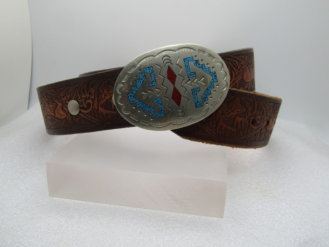 Vintage Southwestern Inlaid Turquoise/Coral Toned Chips with 42" Tooled Belt, Signed RJ,: Vintage Southwestern Inlaid Turquoise/Coral Toned Chips with 42" Tooled Belt, Signed RJ, 1970's-1980's based on the estate this came from and ot her pieces. The buckle is silver tone with stamed south