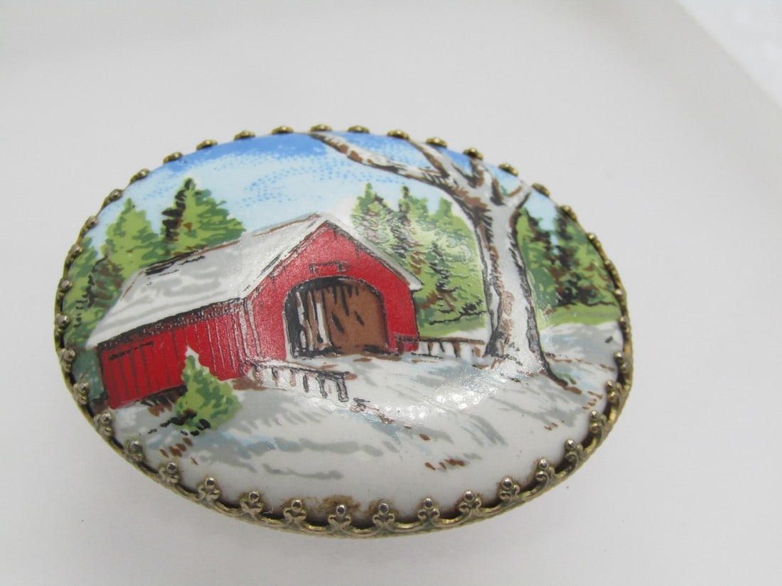 Vintage Winter Covered Bridge Brooch, Cameo Style, 2", 1960's-1970's (1 of 7)