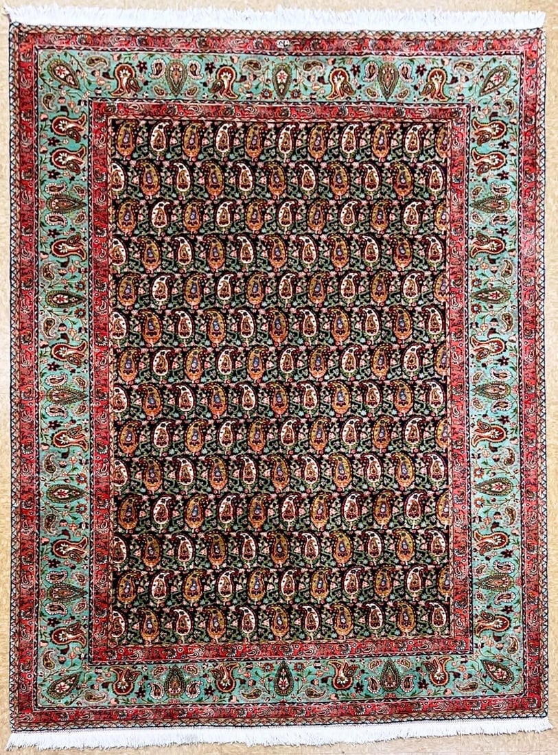 Persian Tabriz Semi-Antique Hand Knotted Navy Turquoise Wool Oriental Area Rug Carpet 6'8" x 9'7" (1 of 12)