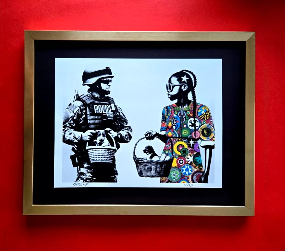 AIDAN FLUX Hand Signed Authentic LtdED Print Framed Banksy Police and Girl COA (1 of 3)