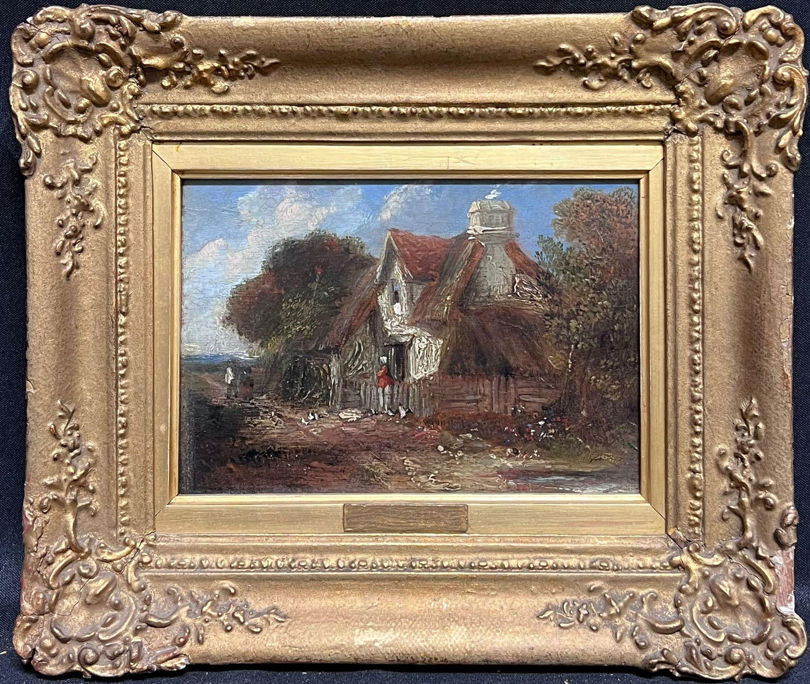 Antique 19th Century English Oil Painting Figures outside Country Cottage: About the Item The Country Cottage English School, first half 19th century circle of John Constable oil on board, framed framed: 10.5 x 12 inches board: 6 x 8 inches provenance: private collection con