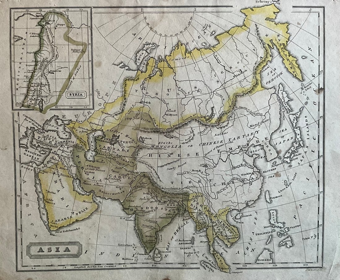 Asia (with Insert of the Holy Land) by J & S Morse, 1823: Title: Asia (with Insert of the Holy Land) by J & S Morse, 1823 Date/Period: c1823 Materials: Hand colored, engraved Size: 9 x 11” This 1823 hand-colored engraved map by J & S Morse, published i