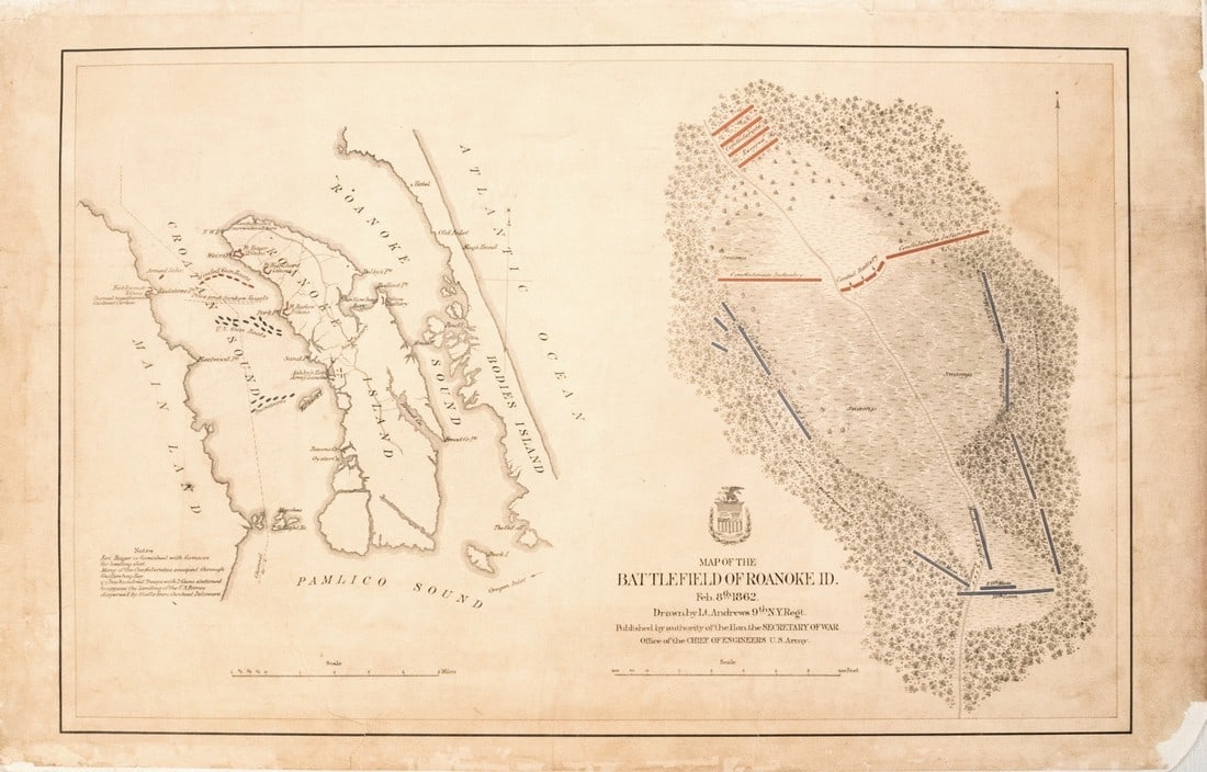 1870 US Army Map of Roanoke Island Battlefield -- Map of the Battlefield of Roanoke Id., Feb. 8th (1 of 1)