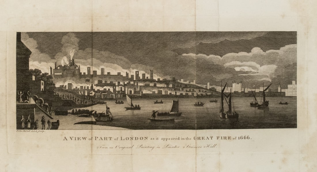 1805 Mazell View of London During the 1666 Fire -- A view of Part of London as it appeared in the: Title: 1805 Mazell View of London During the 1666 Fire -- A view of Part of London as it appeared in the Great Fire of 1666 Cartographer: P Mazell Year / Place: 1805, London Map Dimension (in.): 5 X 1
