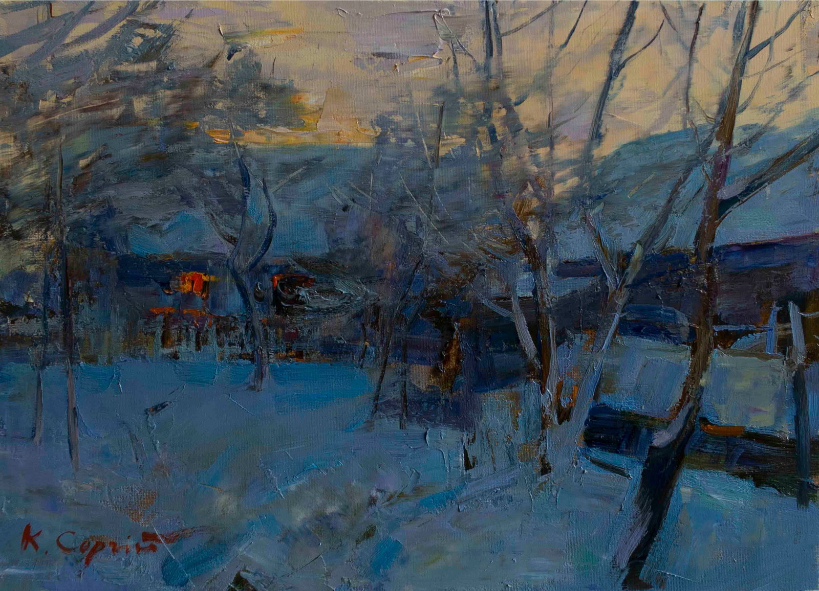 Oil painting Winter Serg Kovalenko: 39SK Painter: Serg Kovalenko Sіze: 22x32 cm/8.66x12.6 inches Components: oil, canvas Original painting CONDITION: exellent ERA: modern Graduated from the art and graphic faculty of the Kharkiv N