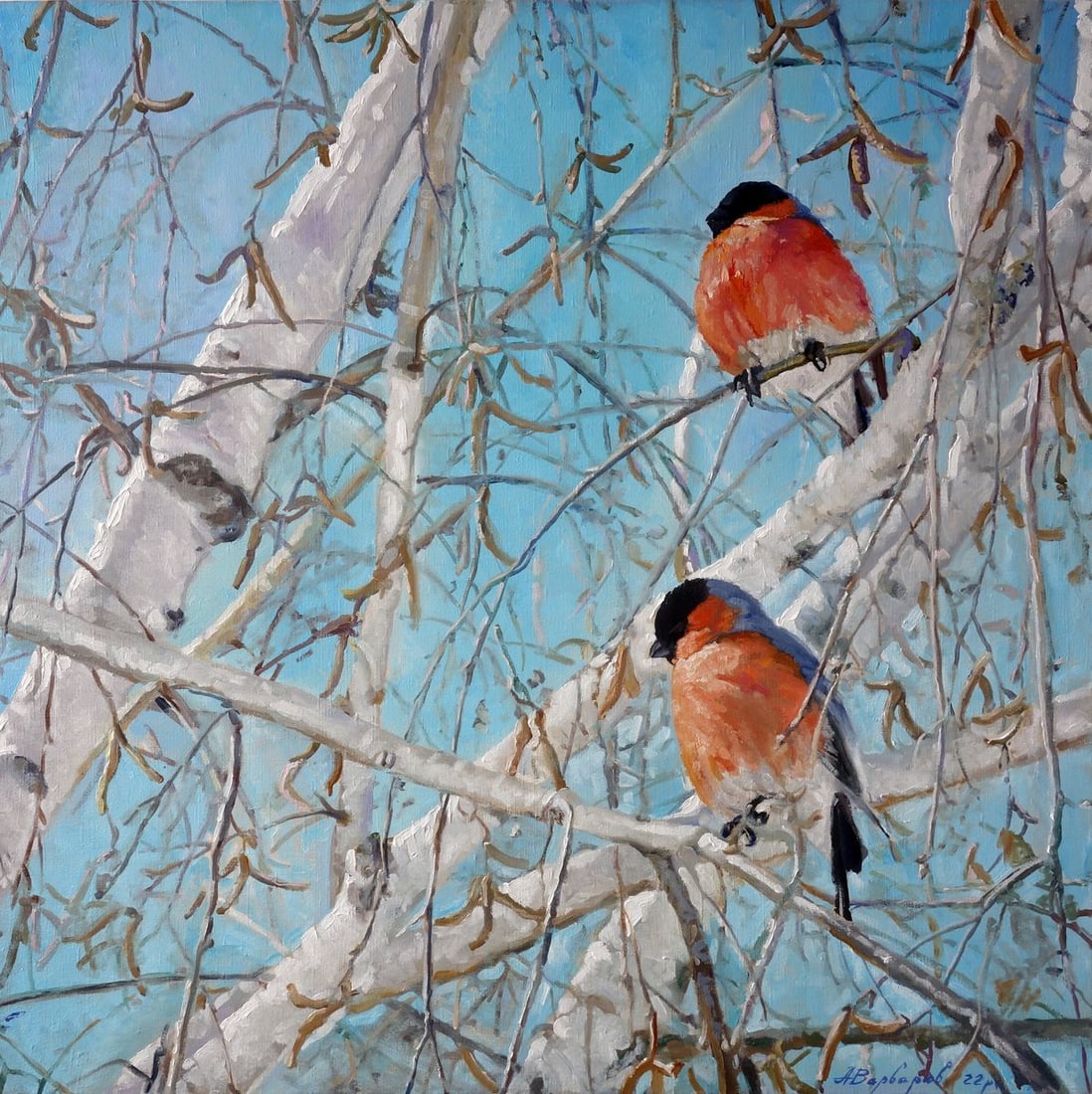Oil painting End of December Varvarov Anatoly Viktorovich: №Varv 191 The oil painting titled "End of December" captures a serene winter moment, portraying two bullfinches perched on the bare branches of a tree. The tree's limbs are highlighted with subt