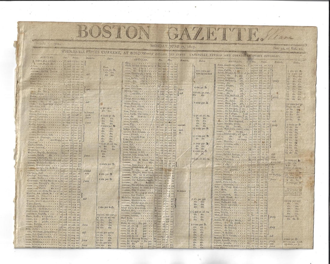 1805 Boston Gazette Toasts to Washington and Hamilton (1 of 2)