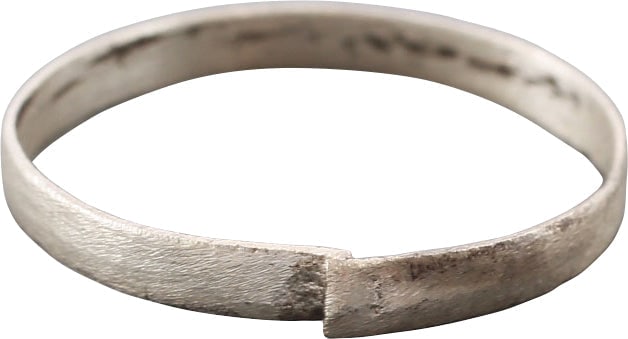 VIKING WEDDING RING 866-1067 AD, SIZE 7: Danelaw England, silvered bronze. Slightly size 7, 2.2mm width, with near flat face. Sized in its working life. The Danelaw, encompassing territory which spread from London to East Anglia, through the