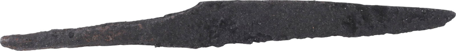 VIKING POUCH KNIFE, 9TH-11TH CENTURY: Slightly under 3" total length. Thin section for slashing. Whittle tang, to secure it to the wood, bone, or antler grip, now perished. Quite crisp with minimal degradation. These side or pouch knives 