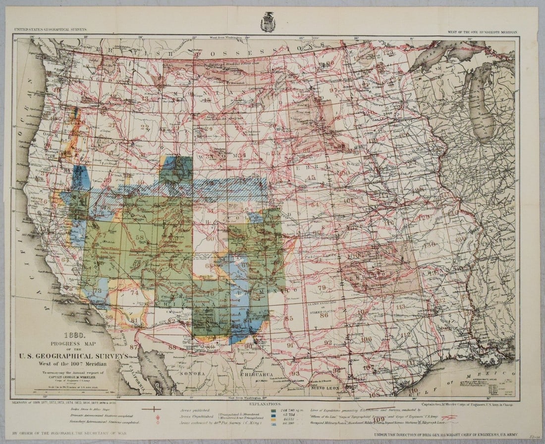 1880 Progress Map of the U.S. Geographical Surveys West of the 100th Meridian: Title: 1880 Progress Map of the U.S. Geographical Surveys West of the 100th Meridian Cartographer: G Wheeler Year / Place: 1880, Washington Map Dimension (in.): 17.4 X 22.3 in. This outstanding map sh