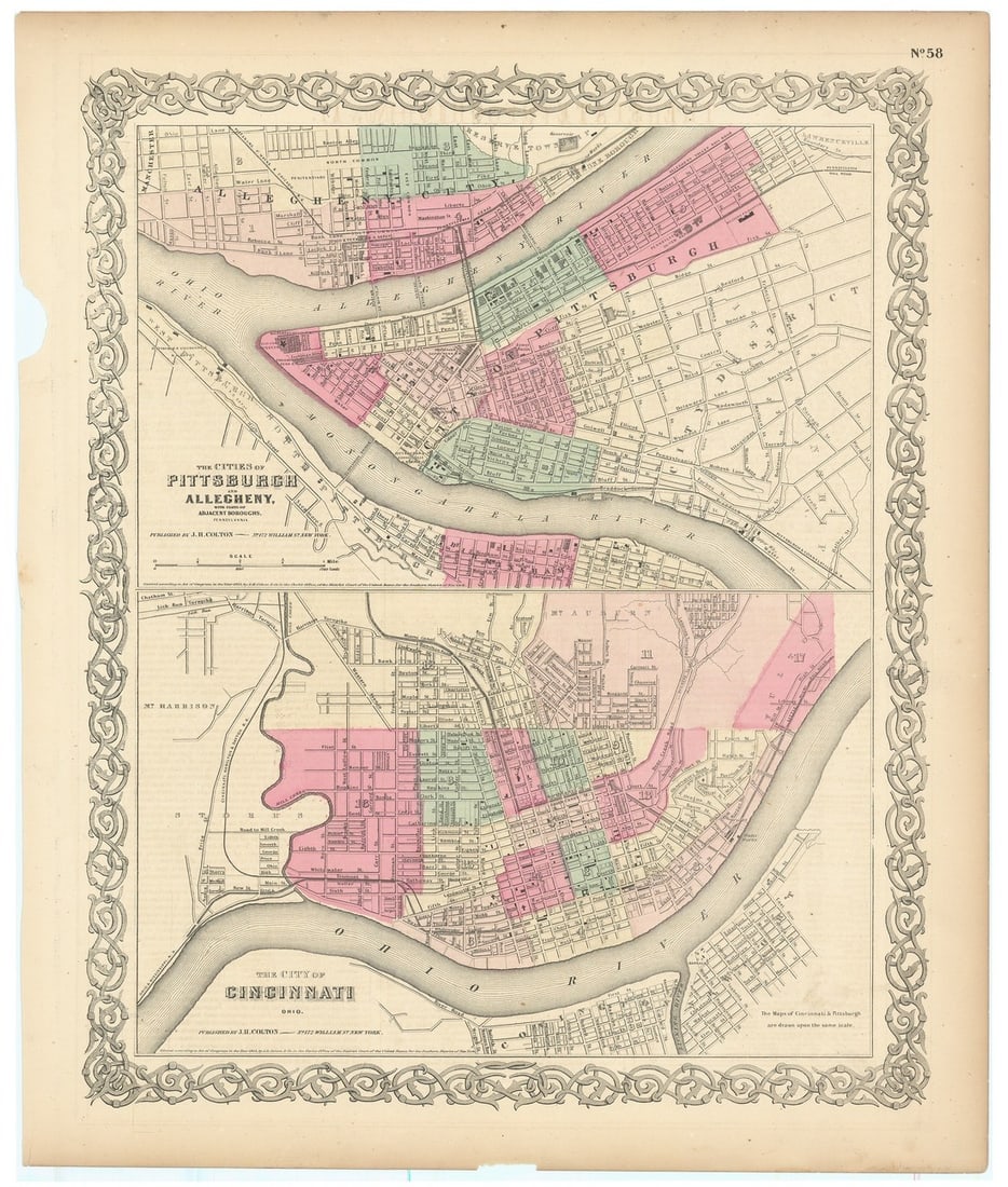 Pittsburgh & Cincinnati: Title/Content: Pittsburgh & Cincinnati Cartographer: J.H. Colton Date: 1855 Dimensions: 14 5/8 x 17 1/2 Description: Antique map of Pittsburgh Pennsylvania and Cincinnati Ohio Reserve: $65.00 Shipping