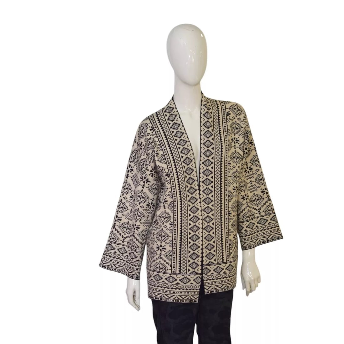 Marina V Beige & Black Ethnic Print Open Front Knit Cardigan Cardi Top size 2 (1 of 7)