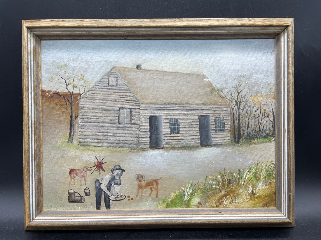 Primitive Farmstead OIL PAINTING C. REINHOLD PA FOLK ART WOOD FRAME: Title: Primitive Farmstead OIL PAINTING C. REINHOLD PA FOLK ART WOOD FRAME Date/Period: unknown Dimension: Approx. 13.5 x 10.5 Material: oil on board, wood frame Additional Information: OLD VINTAGE OI