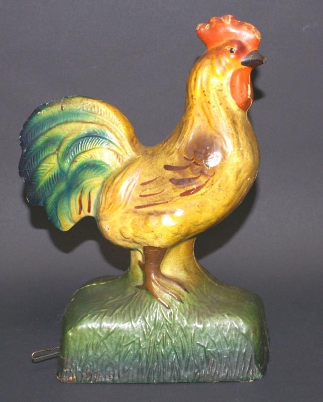 Composition Rooster Chicken Pip Squeak Toy: Title: Composition Rooster Chicken Pip Squeak Toy Dimension: 9 1/2" tall x 6 5/8" wide. Date: --- Additional Information: A Composition Antique Rooster Squeak Toy with Bellows Intact. Painted in reali