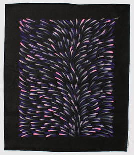Australian Aboriginal painting by Gloria Tamerre Petyarre: A purple, pink, and white painting on the theme of Bush Medicine Leaves by Gloria Tamerre Petyarre (1945 - 2021), an Australian Aboriginal painter. This is one of Gloria Petyarre's signature designs.