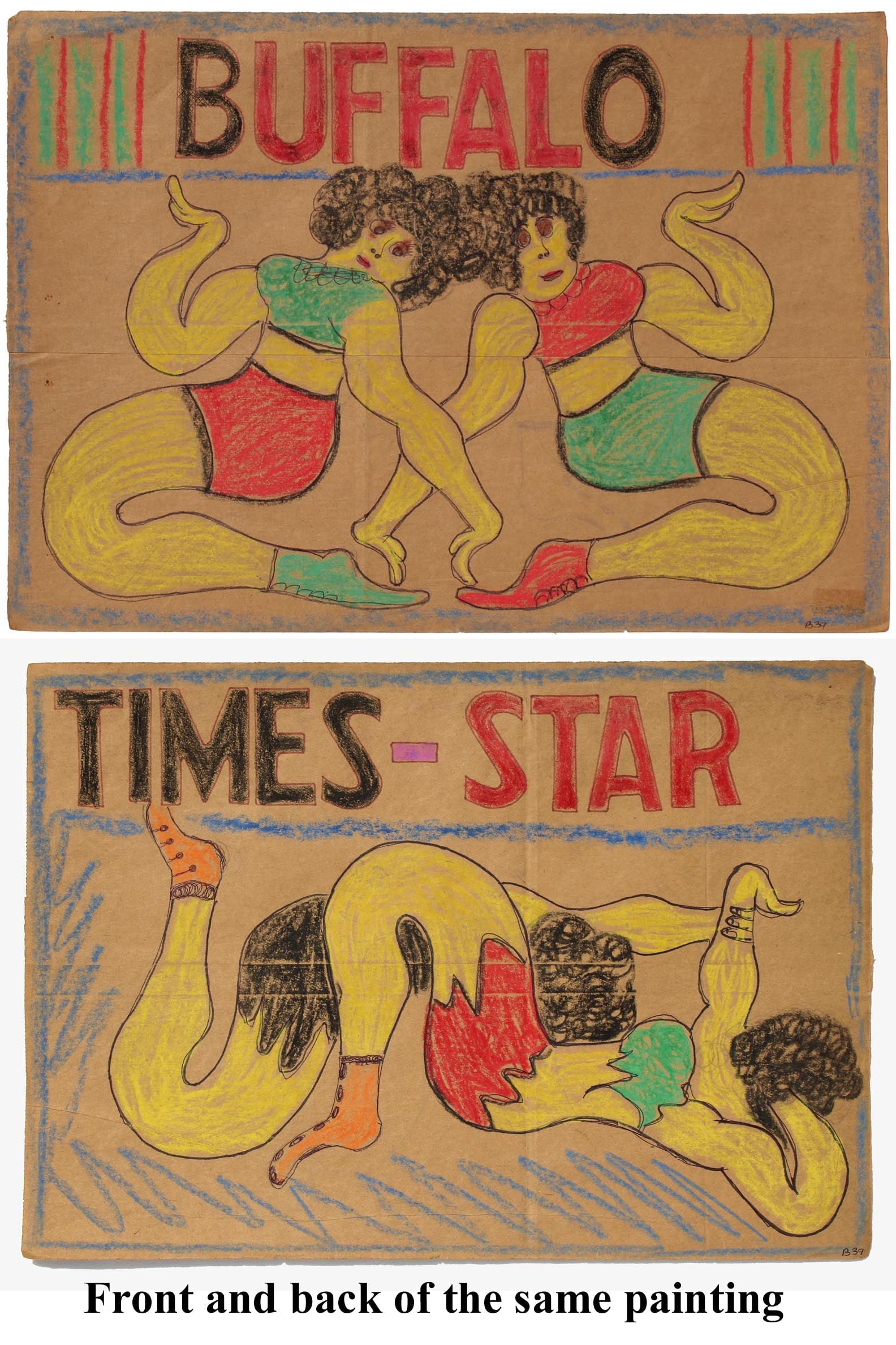 A 2-sided drawing of women wrestlers by Lewis Smith Outsider Artist (1 of 7)