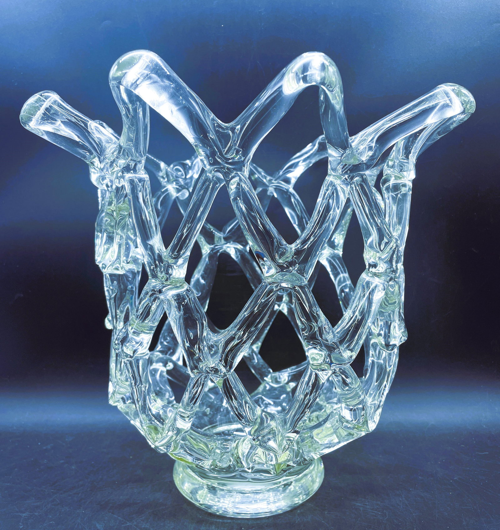 Hand Blown Murano Style Art Glass Vase Clear Lattice: Title: Hand Blown Murano Style Art Glass Vase Clear Lattice Date/Period: unknown Dimension: Approx. 11.5 x 11.5 Material: glass Additional Information: Vintage Murano Style Open Lattice Work Web Clear