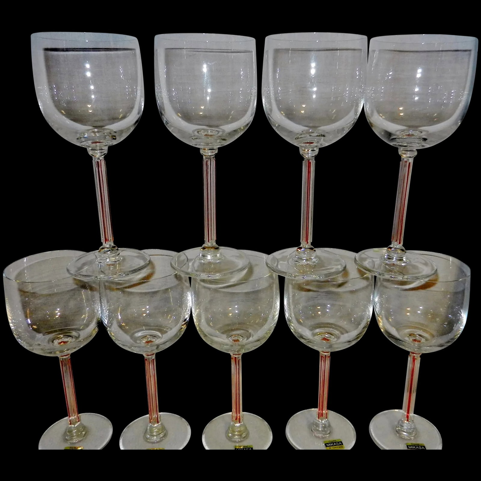 Vintage Perspective Clear with Red Stripe Stems by Mikasa: This set of 9 Vintage Perspective Clear with Red Stripe Stems by Mikasa is in excellent condition. Discontinued. Actual: 1978 – 1978. Most still have the original foil sticker which usually mean