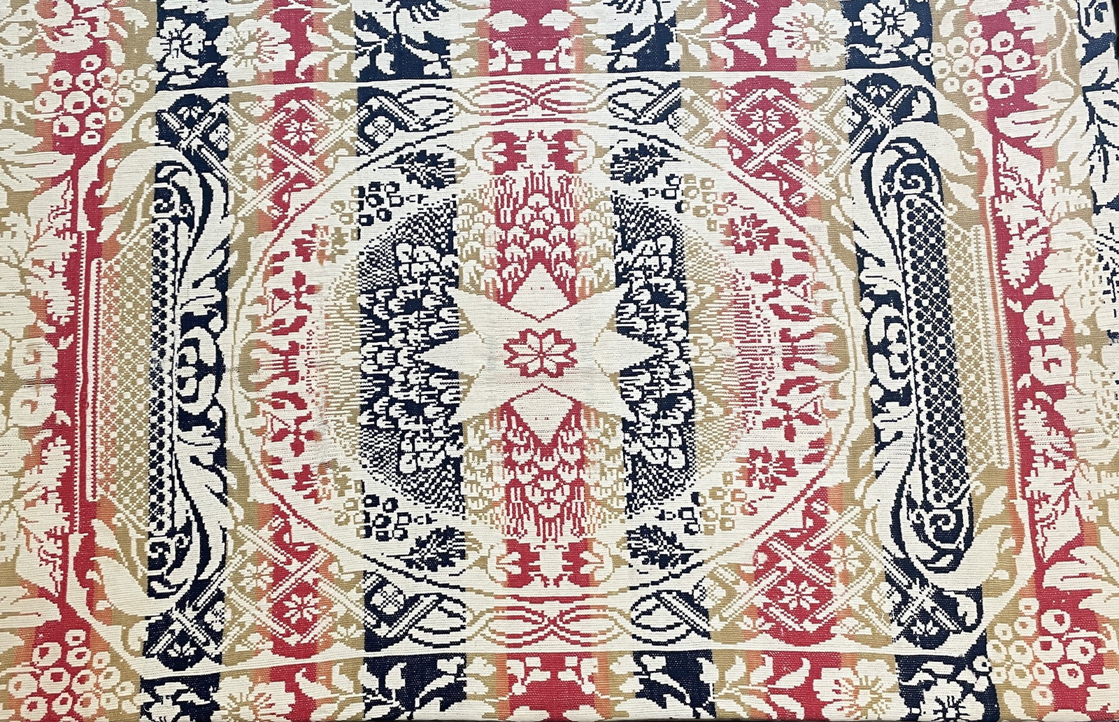 Five Color Coverlet Star Medallion & Urn Fringe Edge: Title: Five Color Coverlet Star Medallion & Urn Fringe Edge Date/Period: UNKNOWN Dimension: approx 94 x 73 Material: fabric Additional Information: Lovely Five Color Coverlet Star Medallion & Urn Ship