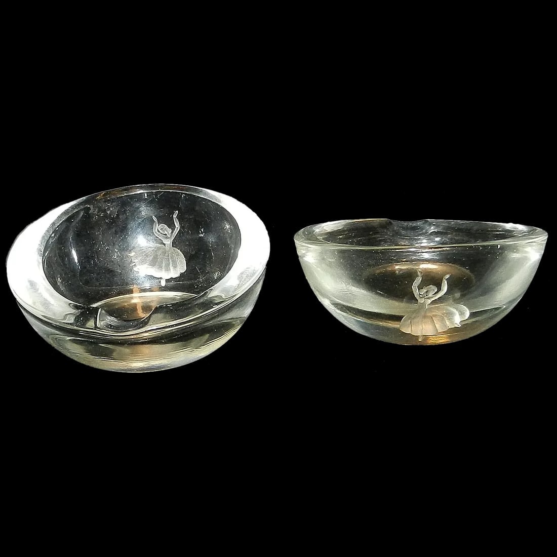 Vintage Pair of Cigarette Ashtrays with Intaglio Dancer: This Vintage Pair of Cigarette Ashtrays with Intaglio Dancer is in very good condition. NO chips, or flea bites. They measure 3 ¼” in diameter. Very beautiful and unusual design.; This Vint