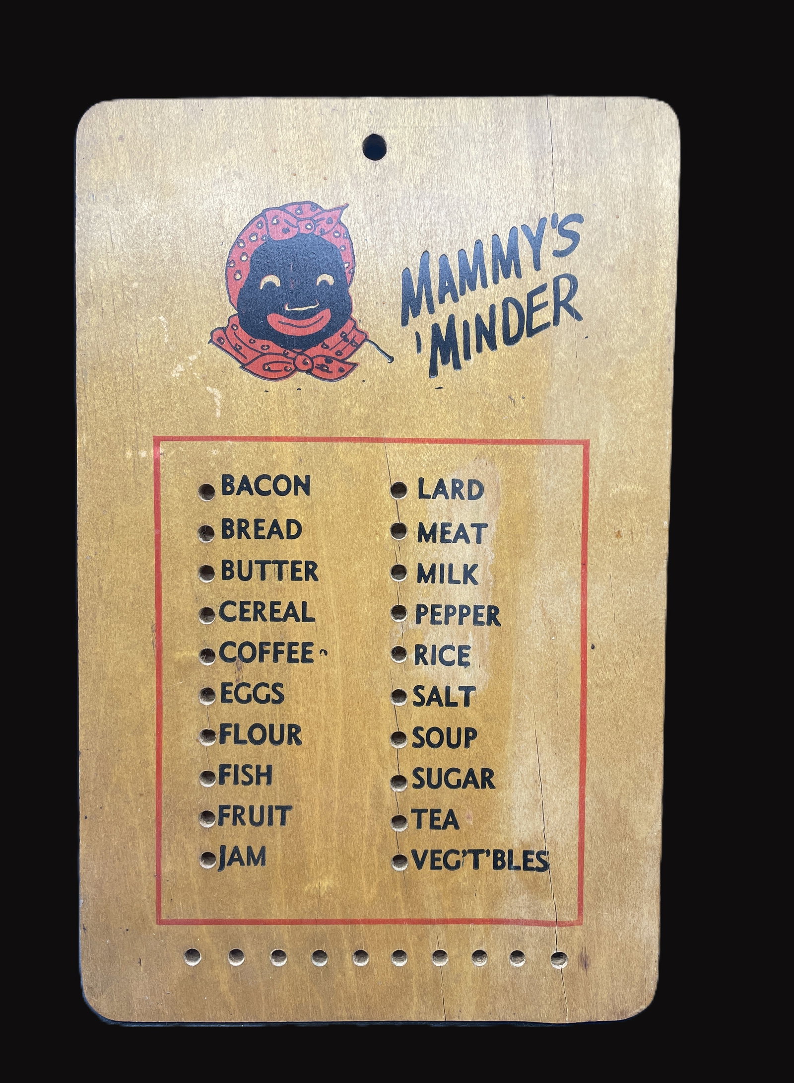 VINTAGE 50'S SHOPPING REMINDER LIST BLACK AMERICANA: Title: VINTAGE 50'S SHOPPING REMINDER LIST BLACK AMERICANA Date/Period: approx 1950's Dimension: --- Material: wood Additional Information: VINTAGE 50'S GROCERY SHOPPING REMINDER LIST WOODEN PEG BOARD