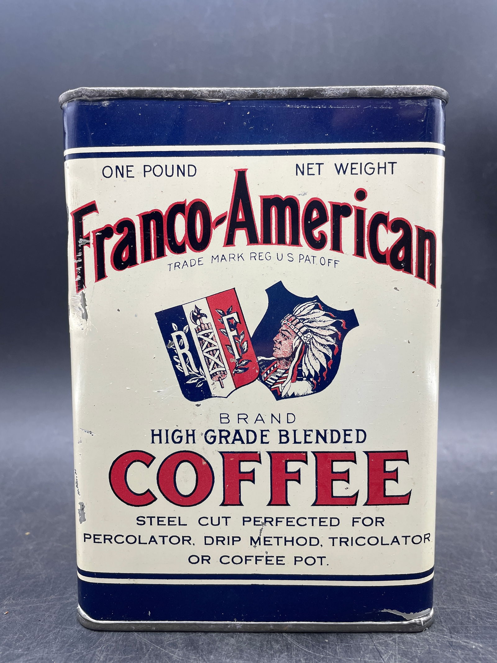 VINTAGE FRANCO AMERICAN COFFEE ONE POUND TIN CAN HIGH GRADE (1 of 8)