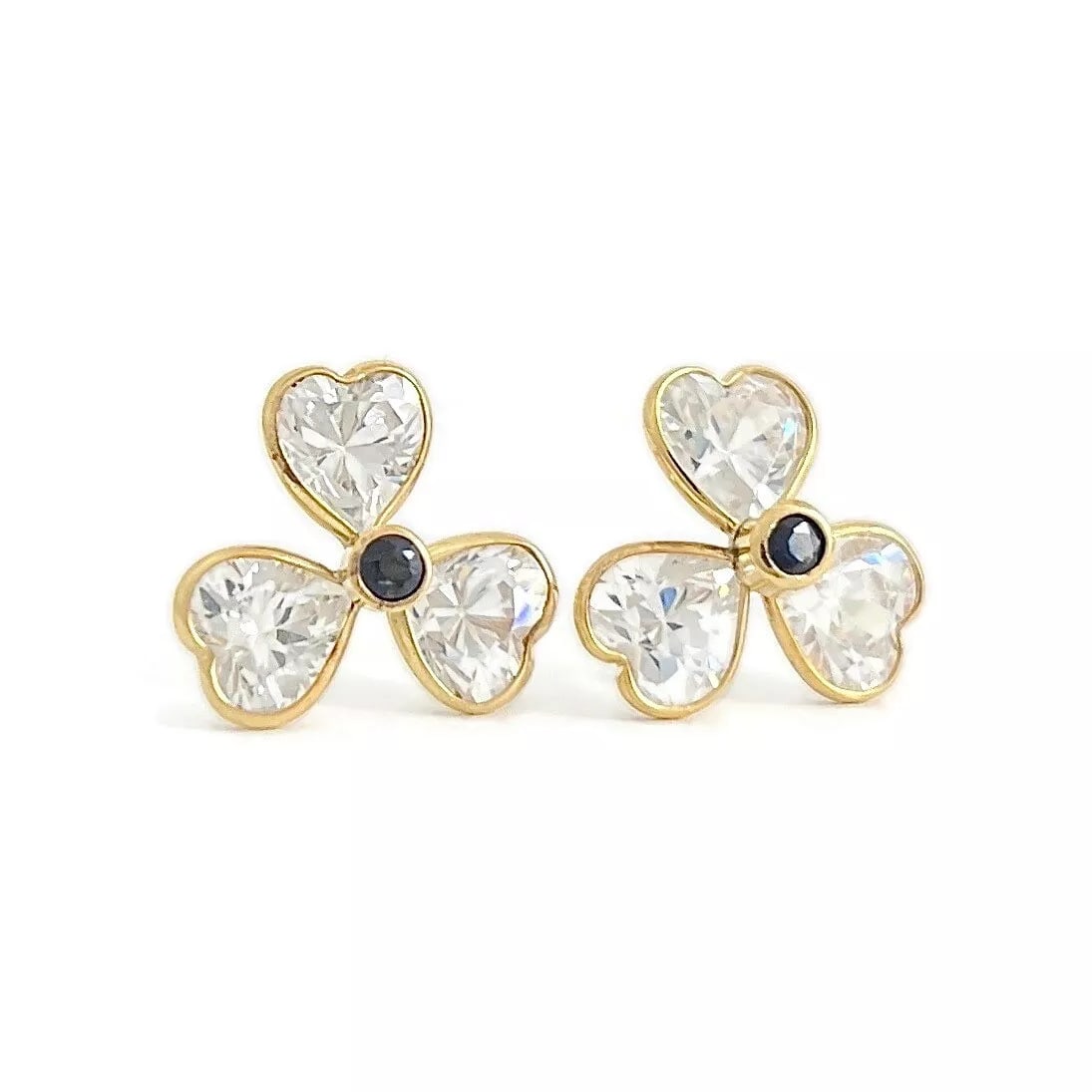 Sapphire CZ Cubic Zirconia Clover Flower Stud Earrings 18K Yellow Gold, 12 mm (1 of 5)