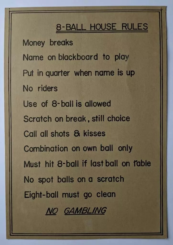 VINTAGE HAND LETTERED POOL / BILLIARD SIGN - 8 BALL HOUSE RULES (1 of 2)
