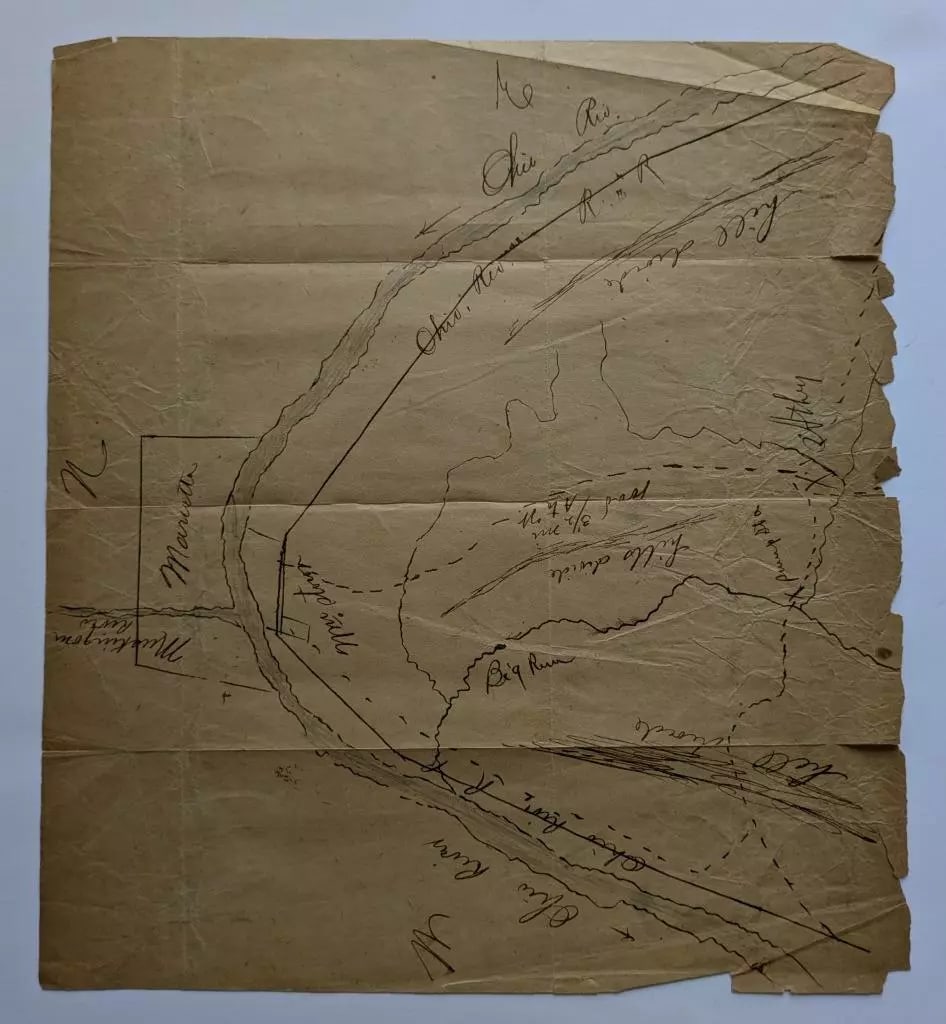 VINTAGE HAND DRAWN MAP OHIO RIVER MUSKINGUM RIVER MARIETTA, WILLIAMSTOWN. OHIO (1 of 2)