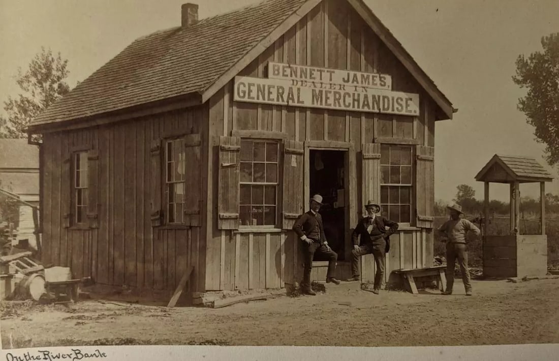 19th c. BENNETT JAMES GENERAL MERCHANDISE STORE ON RIVER BANK Mitchie ILLINOIS ? (1 of 3)