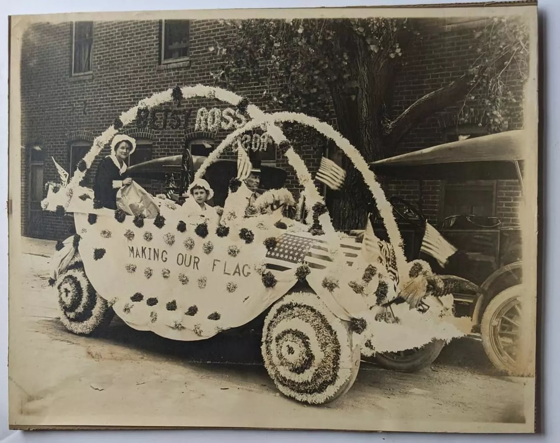 c1908 PATRIOTIC PARADE FLOAT DECORATED CAR, US AMERICAN BETSY ROSS FLAG (1 of 2)