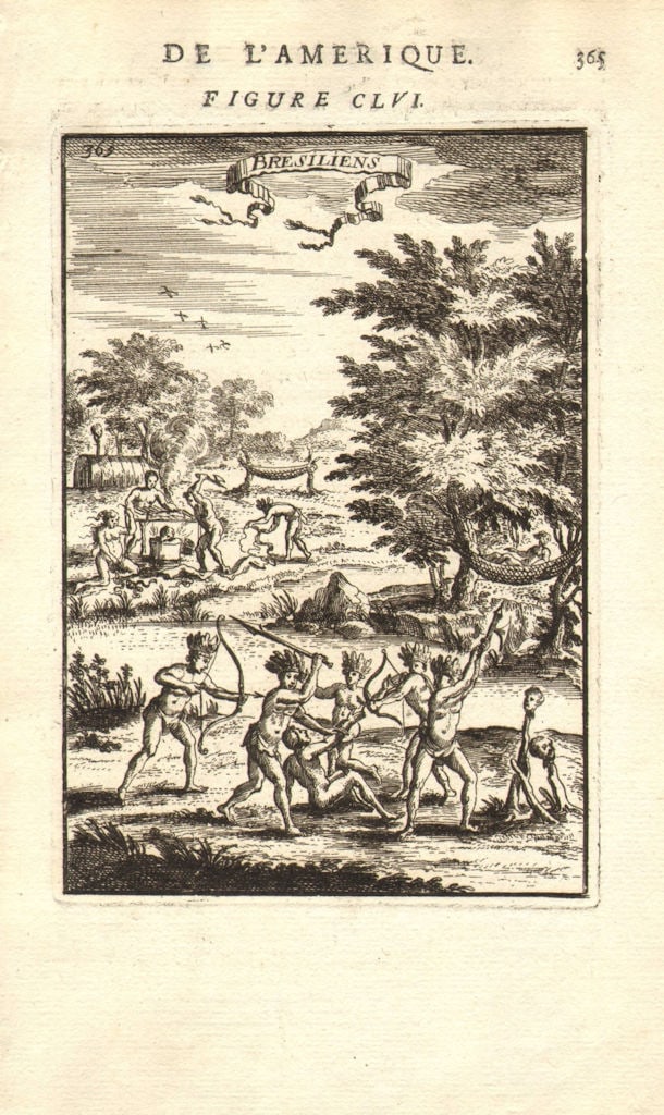 BRAZIL. Amerindians. Bows & arrows. Heads on stakes. 'Bresiliens'. MALLET 1683 (1 of 1)