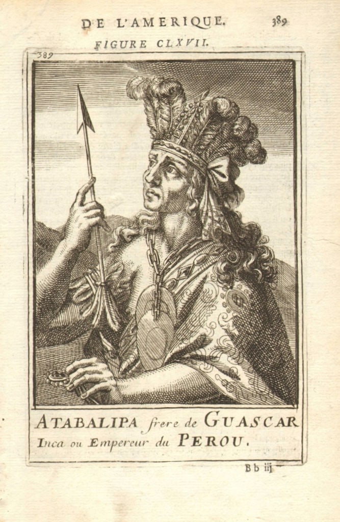 ATAHUALPA/ATABALIPA. The last Sapa Inca Emperor. Tawantinsuyu. Peru. MALLET 1683: TITLE OF THE PRINT: 'Atabalipa frere de Guascar Inca ou Empereur de Perou' (De L'Amerique) DATE PRINTED: 1683 IMAGE SIZE: Approx Overall page size 13 x 21cm approximately (5 x 8 inches); image size 10