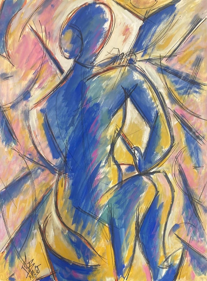 French Modernist Painting Blue And Pink Abstract Of String Musician 1973 (1 of 9)