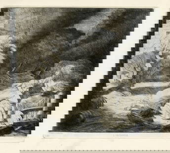Alphonse Legros original etching "L'Incendie": Medium: original etching. This is a rich, dark impression on laid paper with full original margins, printed by A. Salmon and published in Paris by L'Art in 1876. Plate size: 9 1/2 x 10 7/8 inches (240