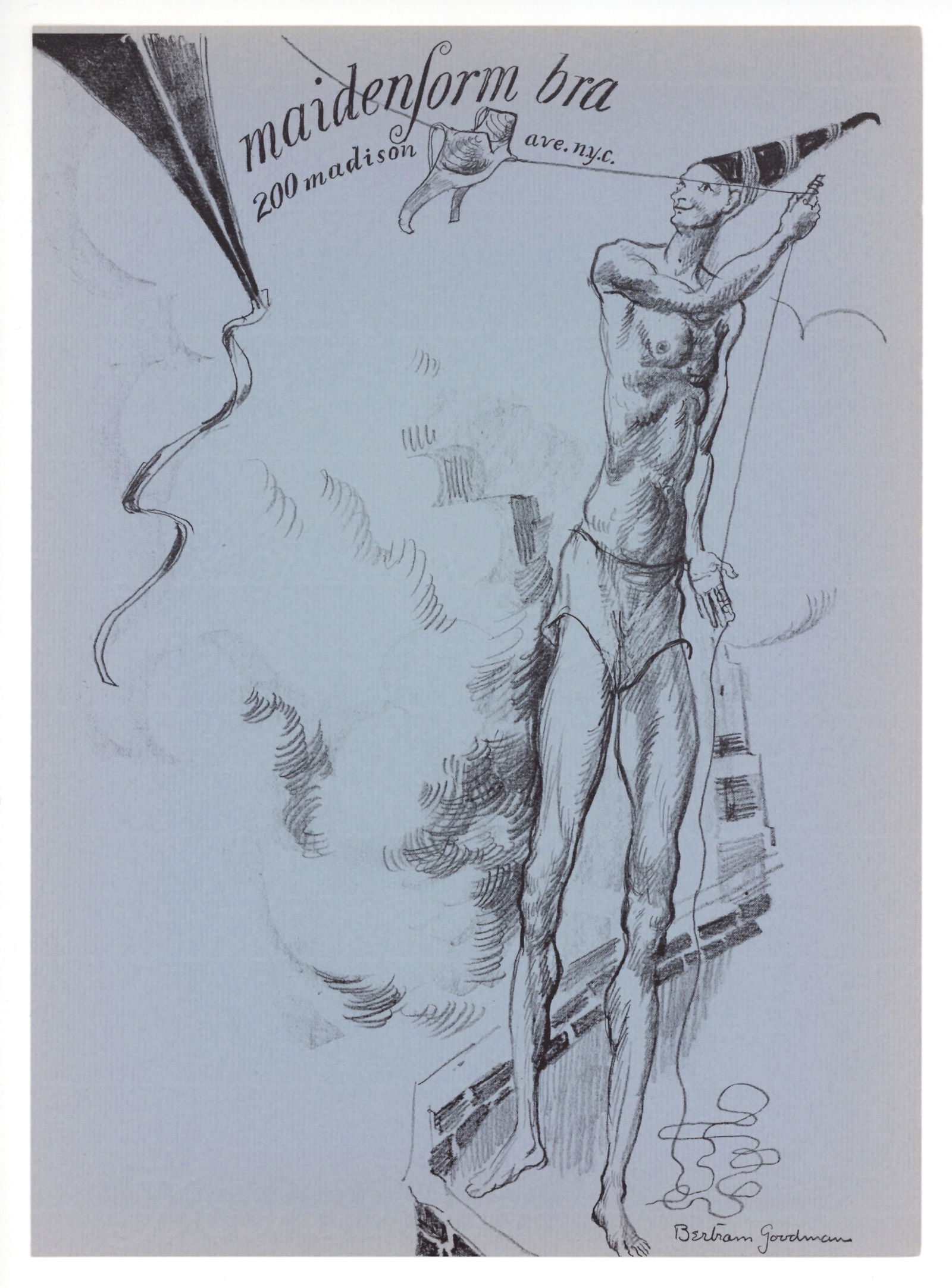 Bertram Goodman original lithograph: Medium: original lithograph. This lithograph was printed in 1954 for the "Improvisations" portfolio, published by the Artists Equity Association of New York on the occasion of the 1954 Spring Fantasia