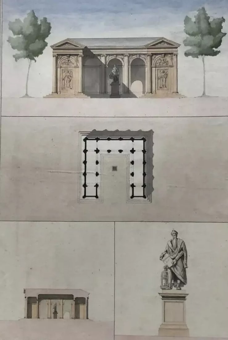Antique Architecture Drawing of A Building and a Sculpture c. 1848 (1 of 8)