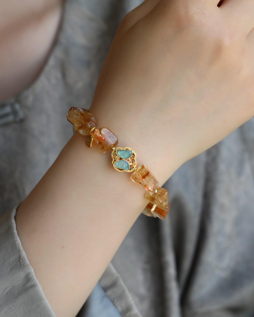 Chinese Yellow Crystal Original Stone & Silver Inlay Jadeite Bracelet (1 of 9)