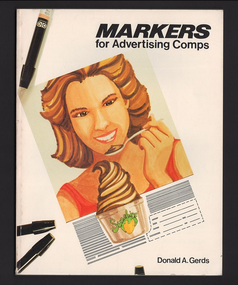 Markers for Advertising Comps – a photo book of techniques: All comps generally consist of the same components—the headline, the body copy and the art. It is the comp designer’s task to integrate these three elements into a visual package to present to the