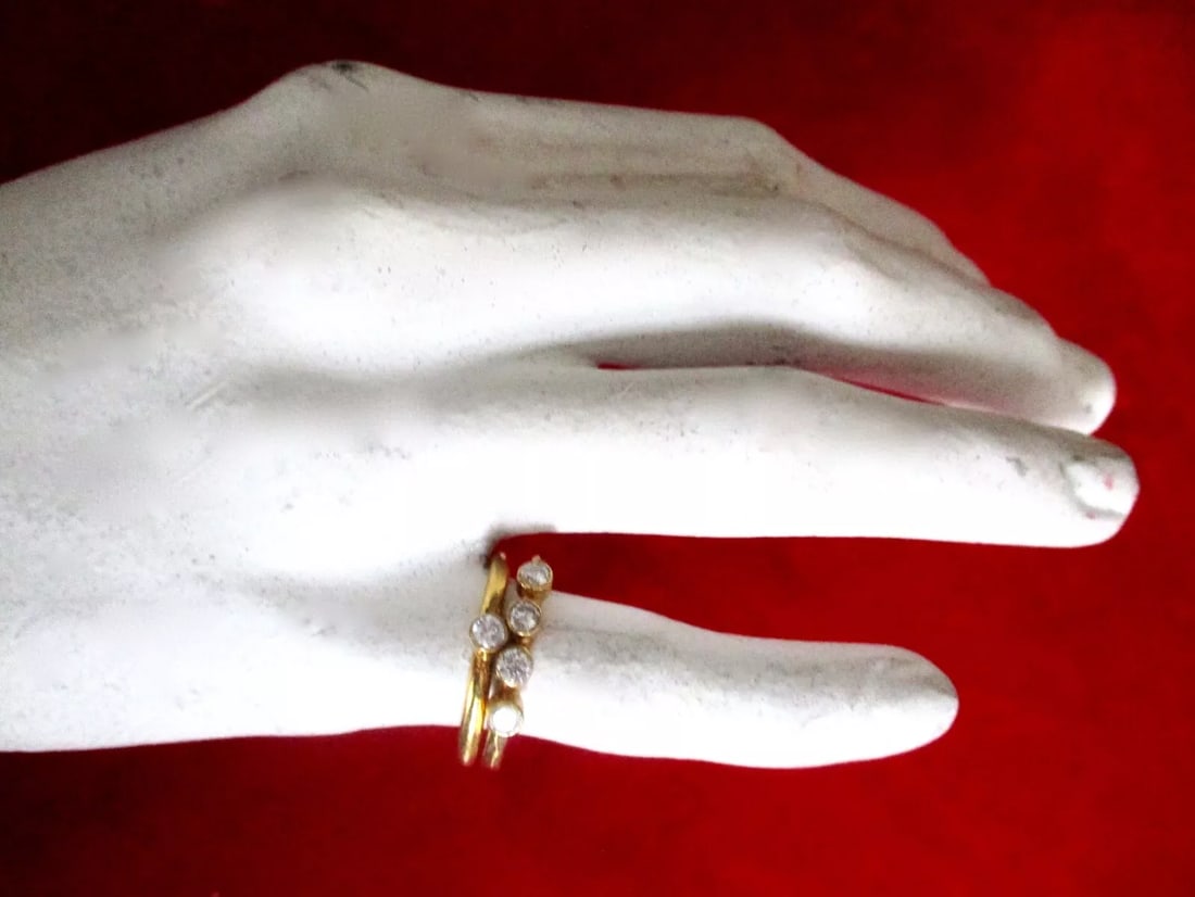 Vintage Minimalist/Boho Wedding Ring Set/Stackable in Vermeil and White Topaz: Vintage Minimalist/Boho Wedding Ring Set - Stackable Rings Circa. 1990 American New-old stock Made in the early 1990's but never worn. Brand new! Vermeil (yellow gold over sterling silver) Hand made w