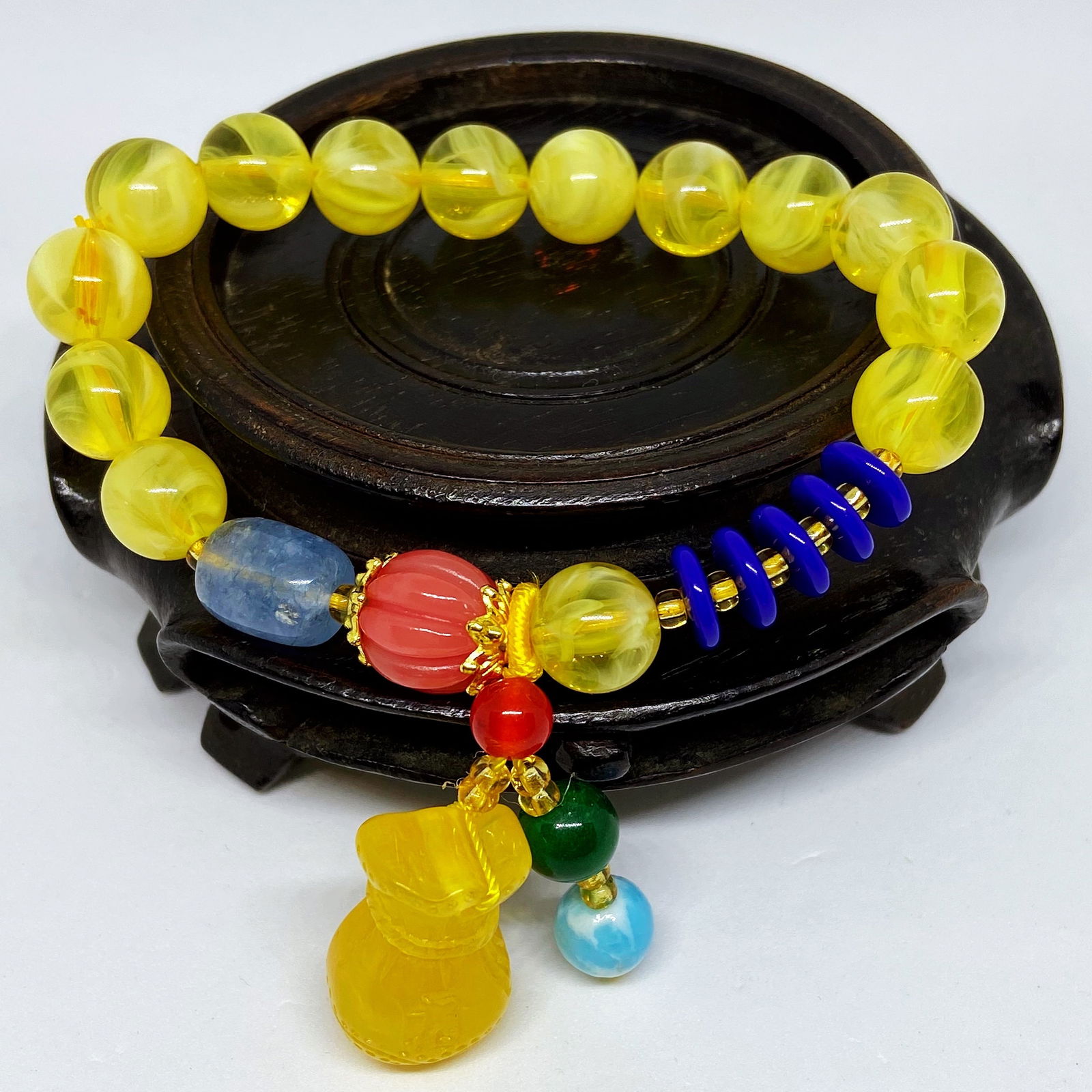 Inspired Golden Amber Bakelite charm with gemstone Yoga Bracelet (1 of 7)