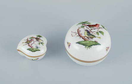 Herend, Hungary. Two porcelain lidded jars hand-painted with butterflies and birds on branches. Gold (1 of 9)
