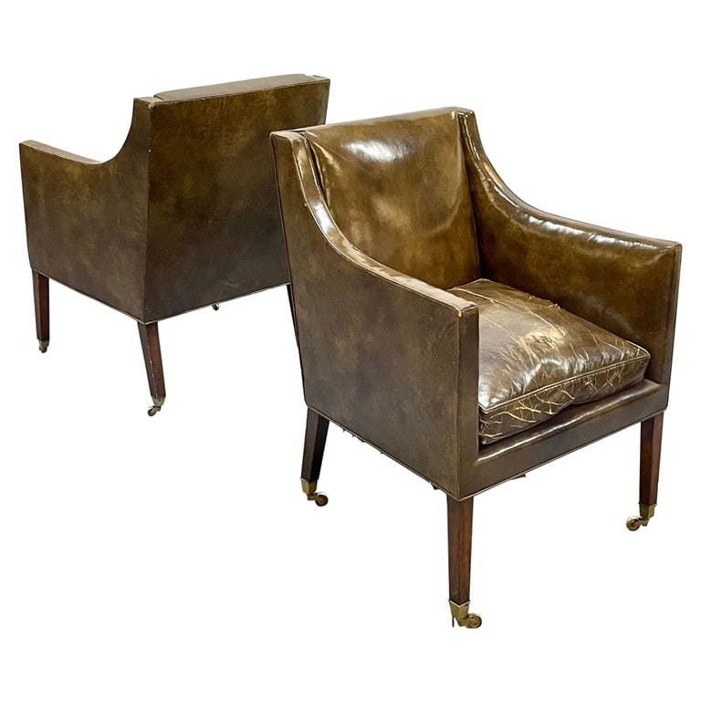 Pair of Patinated Regency Style Leather Upholstered Armchairs / Lounge, Bronze (1 of 5)