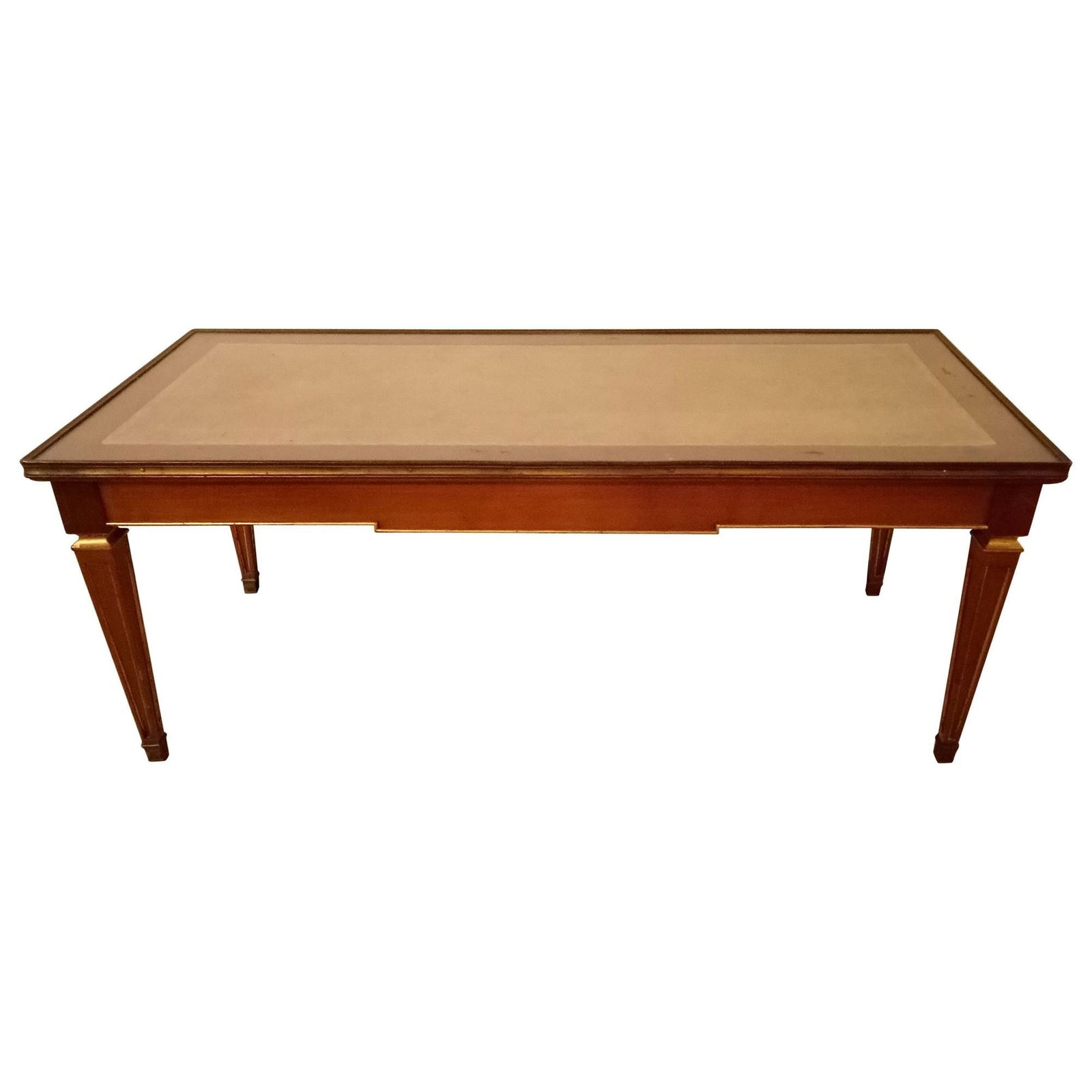 Louis XV Style Glass Top Jansen Style Coffee Table: Louis XV style glass top Jansen style coffee table. A mahogany glass top over leather tooled top in the hollywood regency style. Reserve: $2,958.00 Shipping: Domestic: Shipping rates are determined by