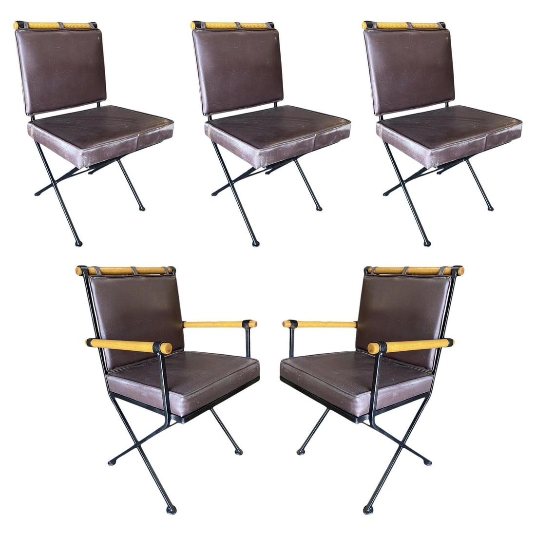 Set of Five Midcentury "Directors Chair" Chairs in the Style of Cleo Baldon: About the Item Set of five handcrafted wrought iron dining chairs with two armchairs and three side chairs. This "Directors Chair" is in the style of Cleo Baldon for Terra in the early 1960s. The chai