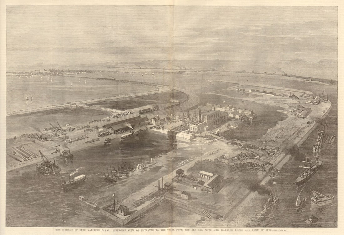 Bird's eye view from the Red Sea of harbour, town & Suez canal. Egypt 1869: TITLE OF THE PRINT: 'The isthmus of Suez Maritime Canal: bird's eye view of the canal from the Red Sea, with new harbour, docks, and town of Suez' DATE PRINTED: 17 April 1869 IMAGE SIZE: Approx Overal