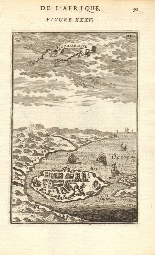 ISLAND OF MOZAMBIQUE. Ilha de Moçambique. Lumba, Mozambique. MALLET 1683 map: TITLE OF THE MAP: 'Mozambique' (De L'Afrique) DATE PRINTED: 1683 IMAGE SIZE: Approx Overall page size 13 x 21cm approximately (5 x 8 inches); image size 10.5 x 14.5cm approximately (4 x 5.5 inches) TY
