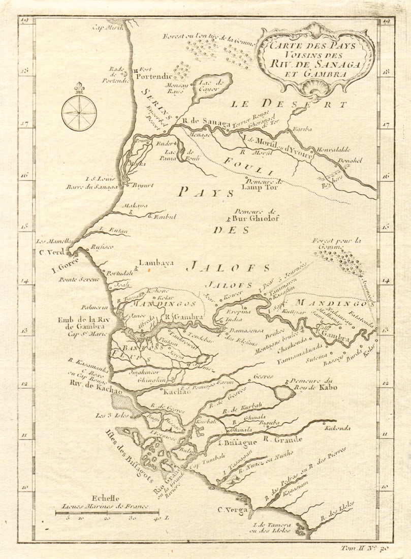 Rivières de Sanaga & Gambra'. Senegal Gambia rivers. Guinea. BELLIN 1746 map: CAPTION PRINTED BELOW PICTURE: Carte des Pays Voisins des Rivières de Sanaga & Gambra [Map of the country around the Senegal and Gambia rivers] DATE PRINTED: 1746 IMAGE SIZE: Approx 23.0 x 17.0cm