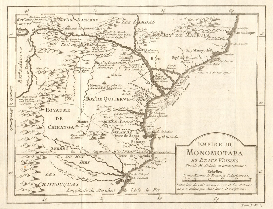 Empire de Monomotapa'. Mutapa Empire. Mozambique Kruger Park. BELLIN 1748 map: CAPTION PRINTED BELOW PICTURE: Empire de Monomotapa, et états voisins. Tiré par M Delisle et autres Auterus [The Mutapa Empire, and neighbouring states] DATE PRINTED: 1748 IMAGE SIZE: Approx